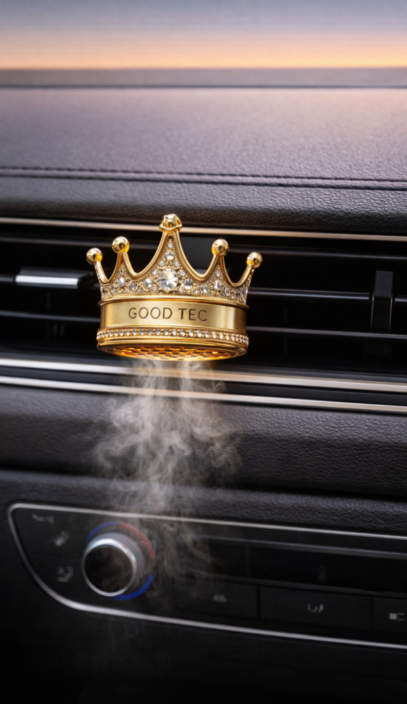 Gold-tone crown-shaped fragrance accessory displayed at a car vent