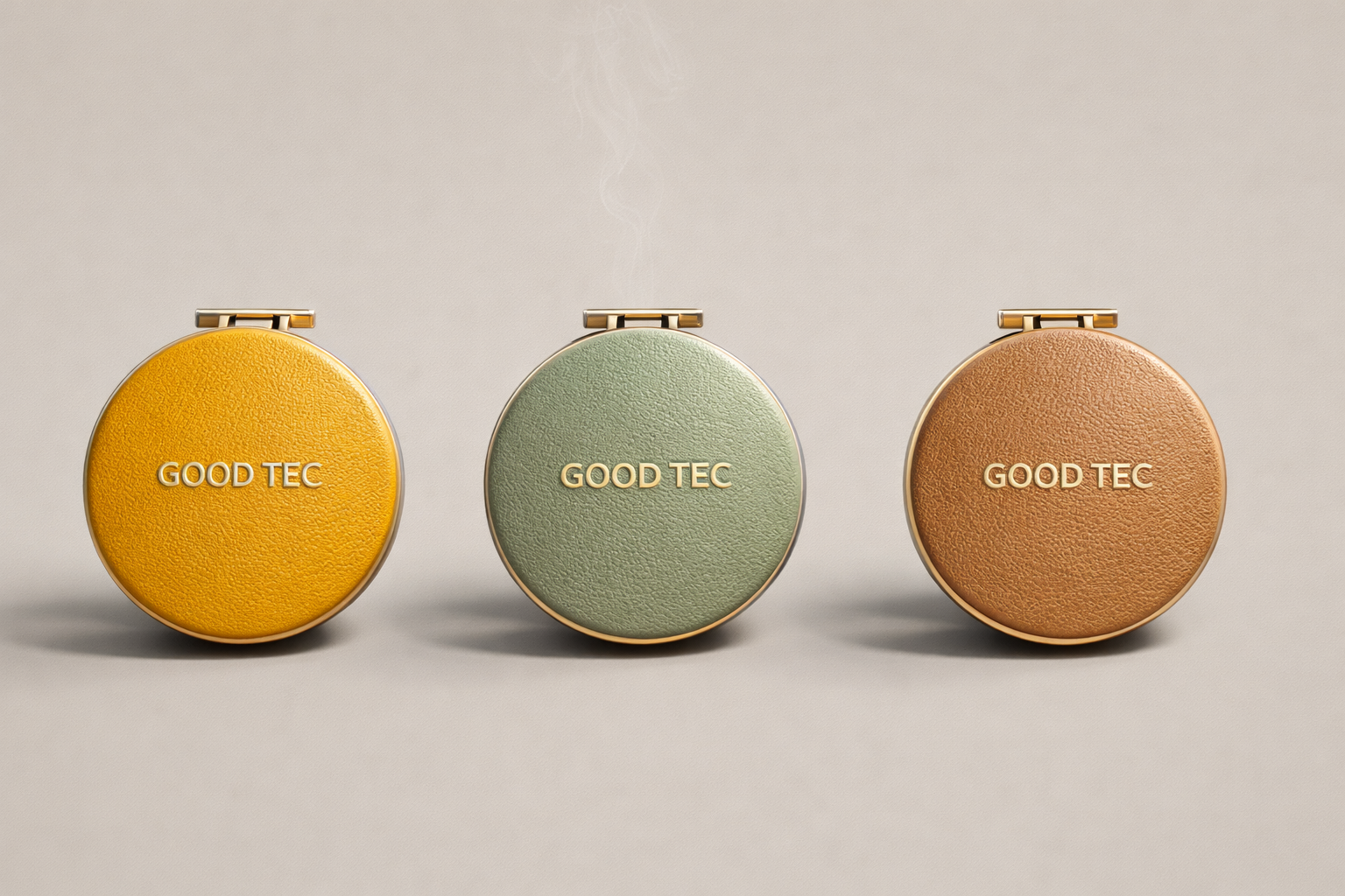 Round GOOD TEC car fragrance housings in mustard, sage and tan