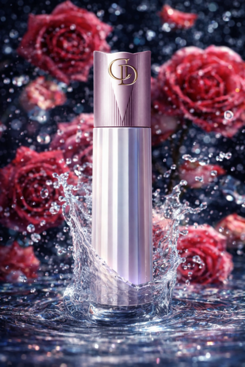 Purple GOOD TEC perfume atomizer in a floral gift presentation