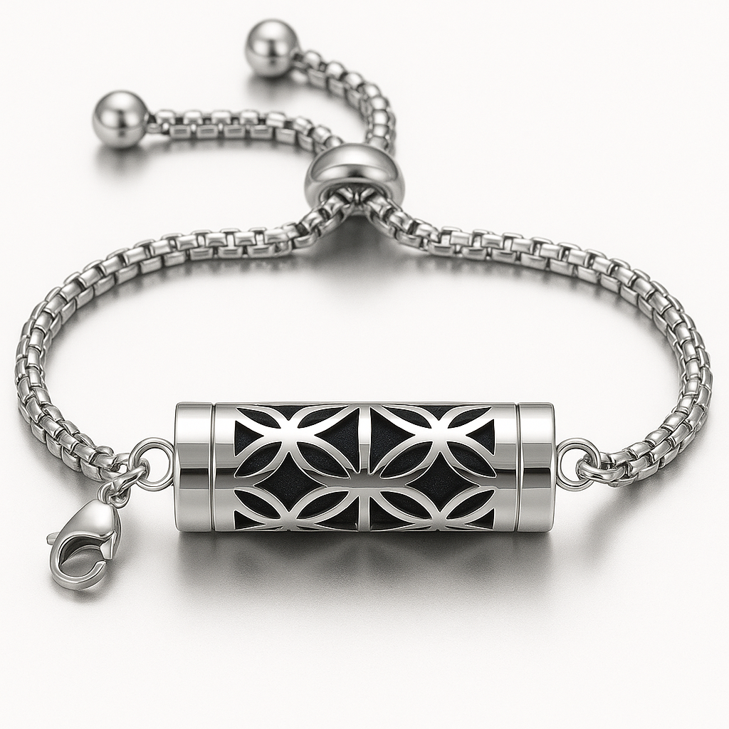 Silver-tone chain aroma bracelet with openwork floral cylindrical centerpiece