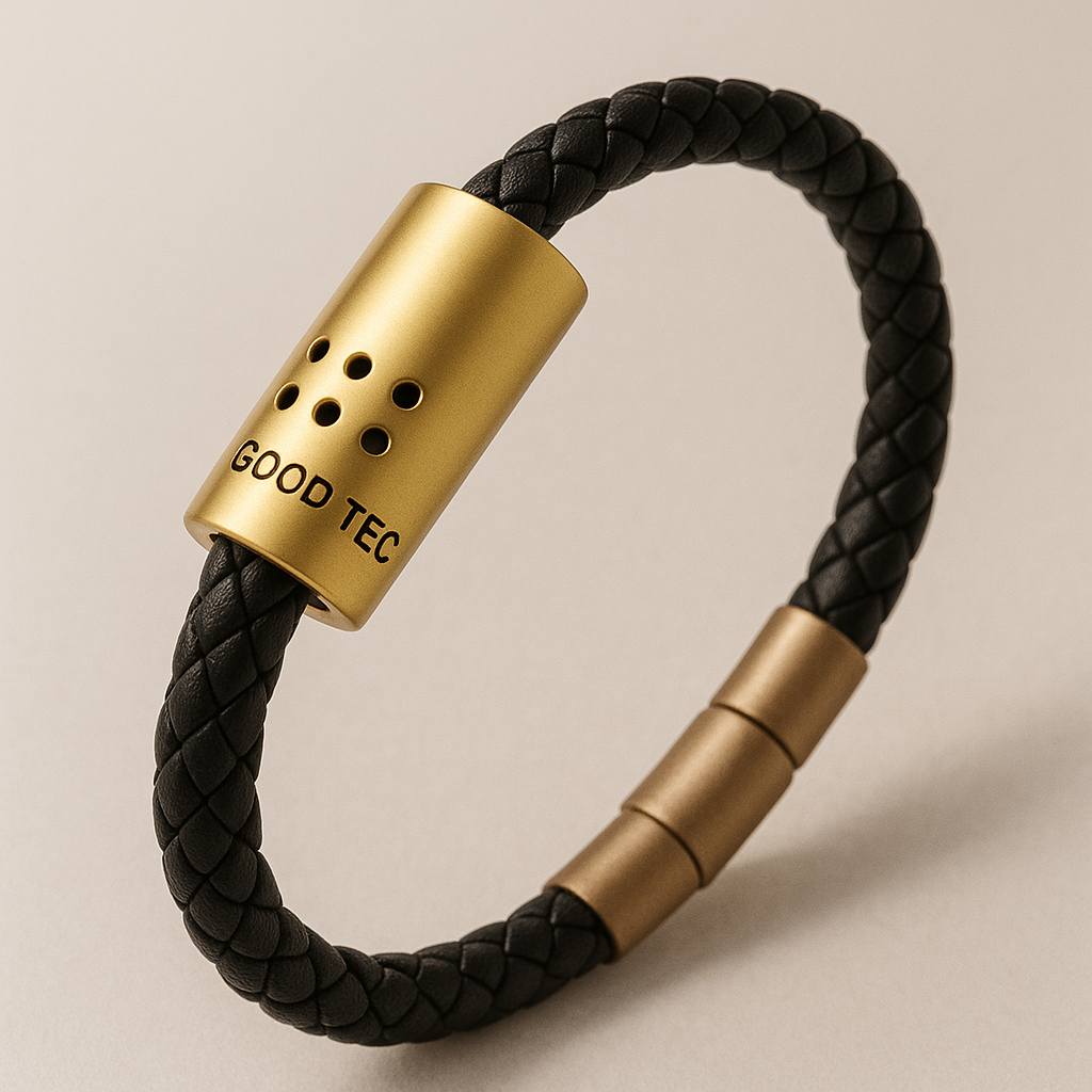 Braided dark bracelet with gold-tone cylindrical fragrance carrier