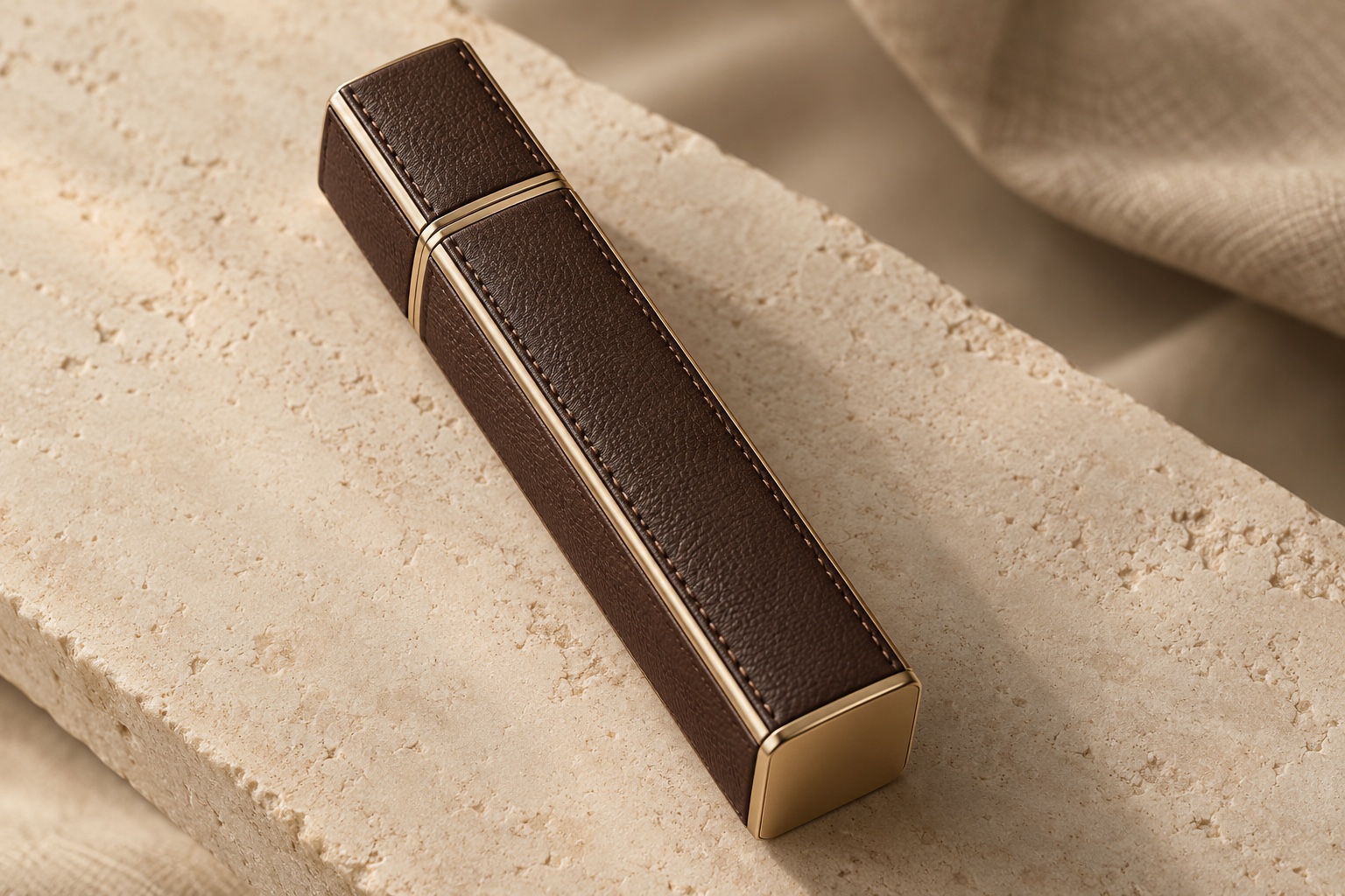 Rectangular perfume atomizer wrapped in espresso leather with champagne-gold trim