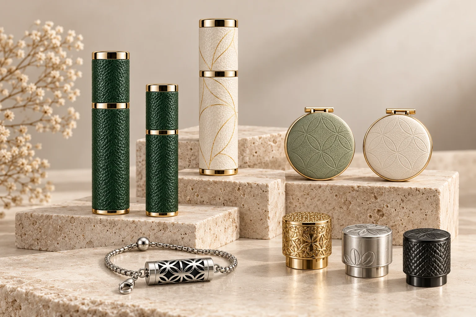 Custom perfume packaging concept with green and ivory atomizers, round diffusers, decorative caps and an aroma bracelet