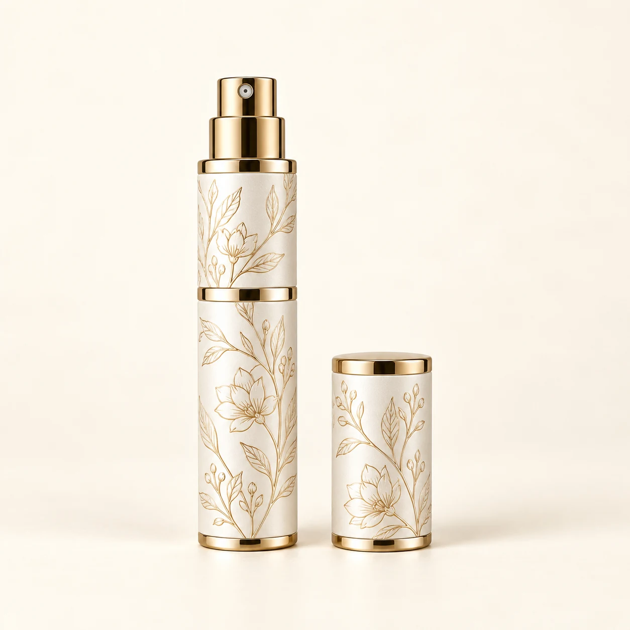 Complete pearl-white atomizer concept with botanical line decoration and separate cap