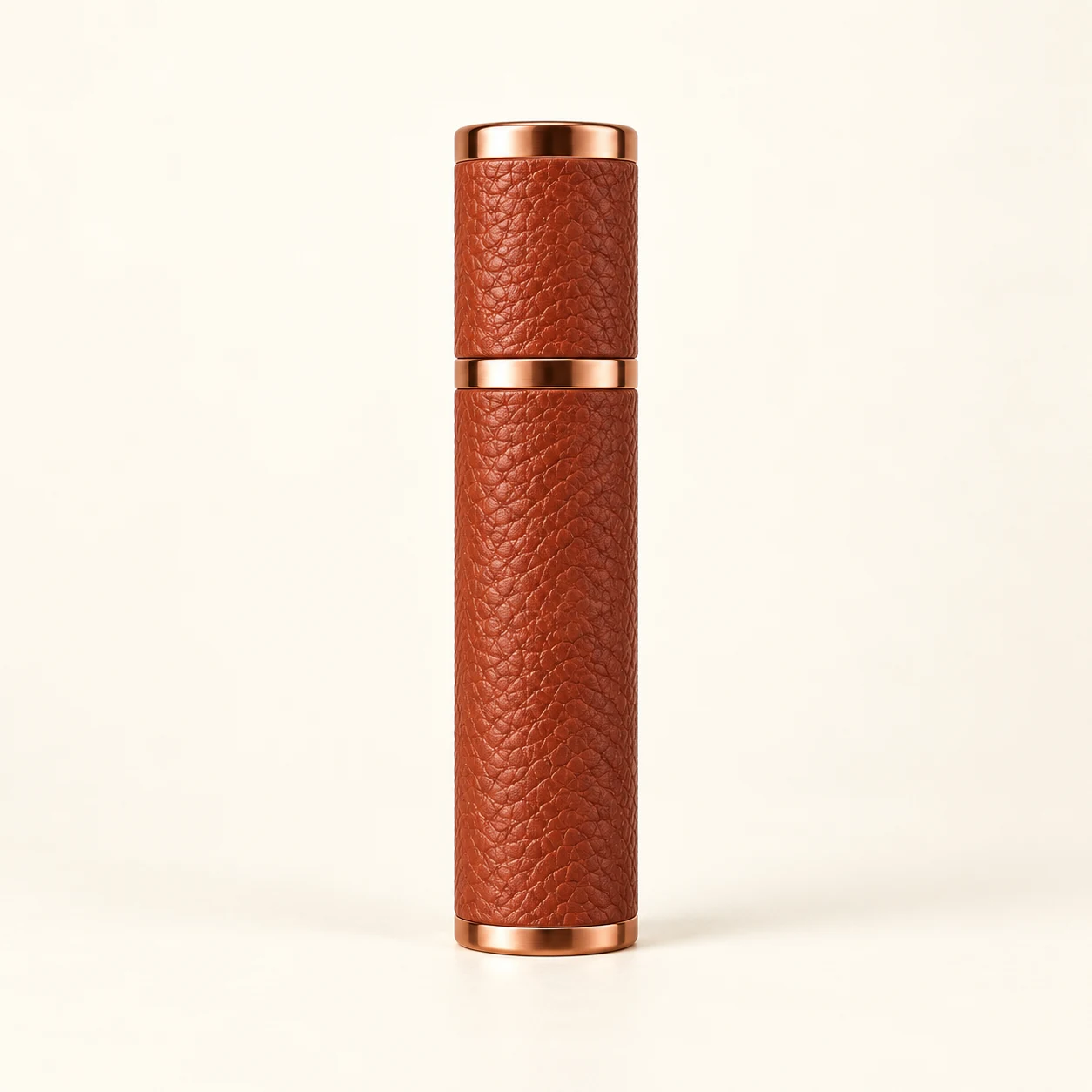 Complete terracotta-wrapped perfume atomizer concept with satin copper bands