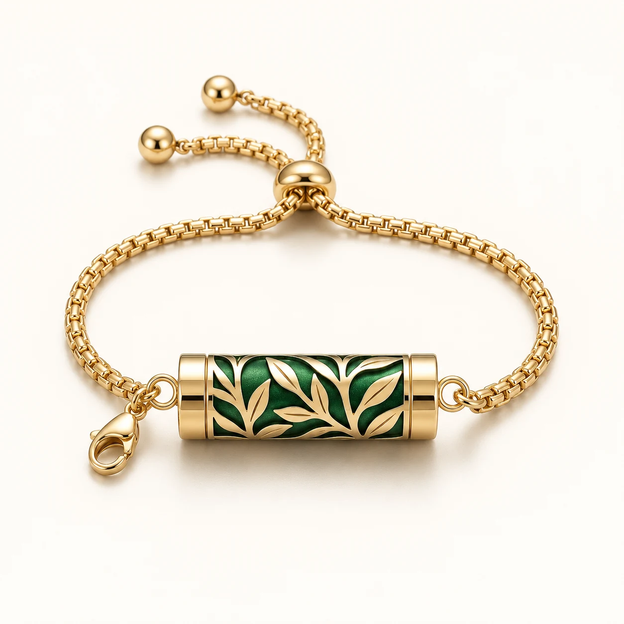 Complete gold-tone chain aroma bracelet concept with green enamel capsule and adjustable closure