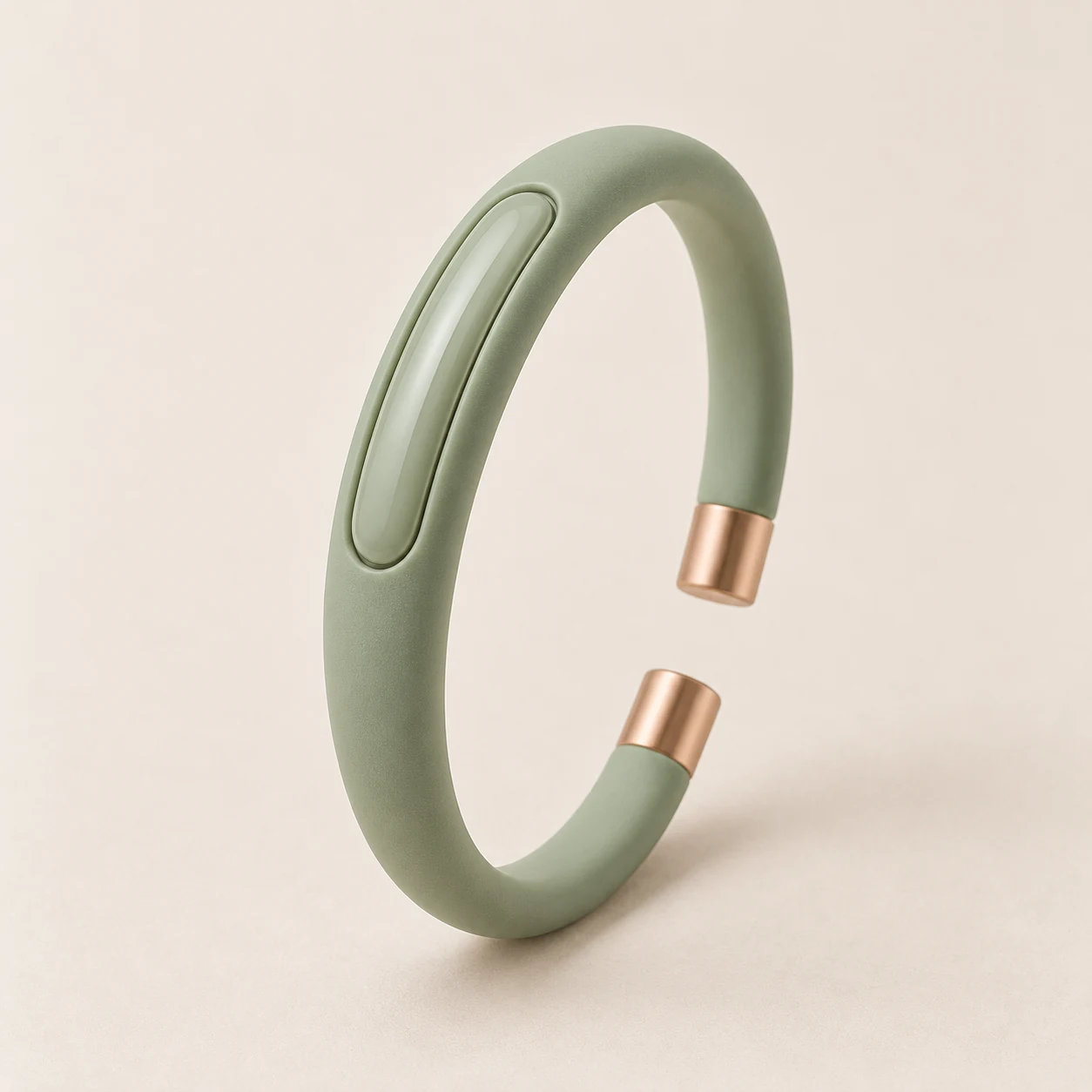 Complete sage-green aroma bracelet concept with rose-gold end caps