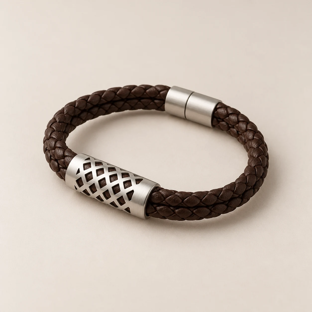 Complete cocoa-brown braided aroma bracelet concept with silver geometric fragrance carrier