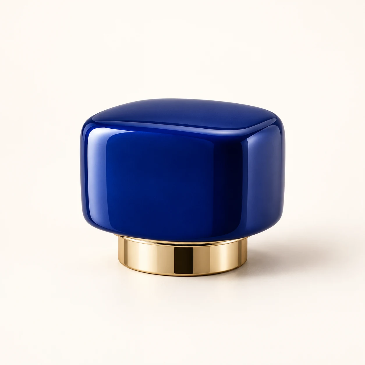 Complete cobalt-blue rounded perfume cap design concept with gold-tone base collar