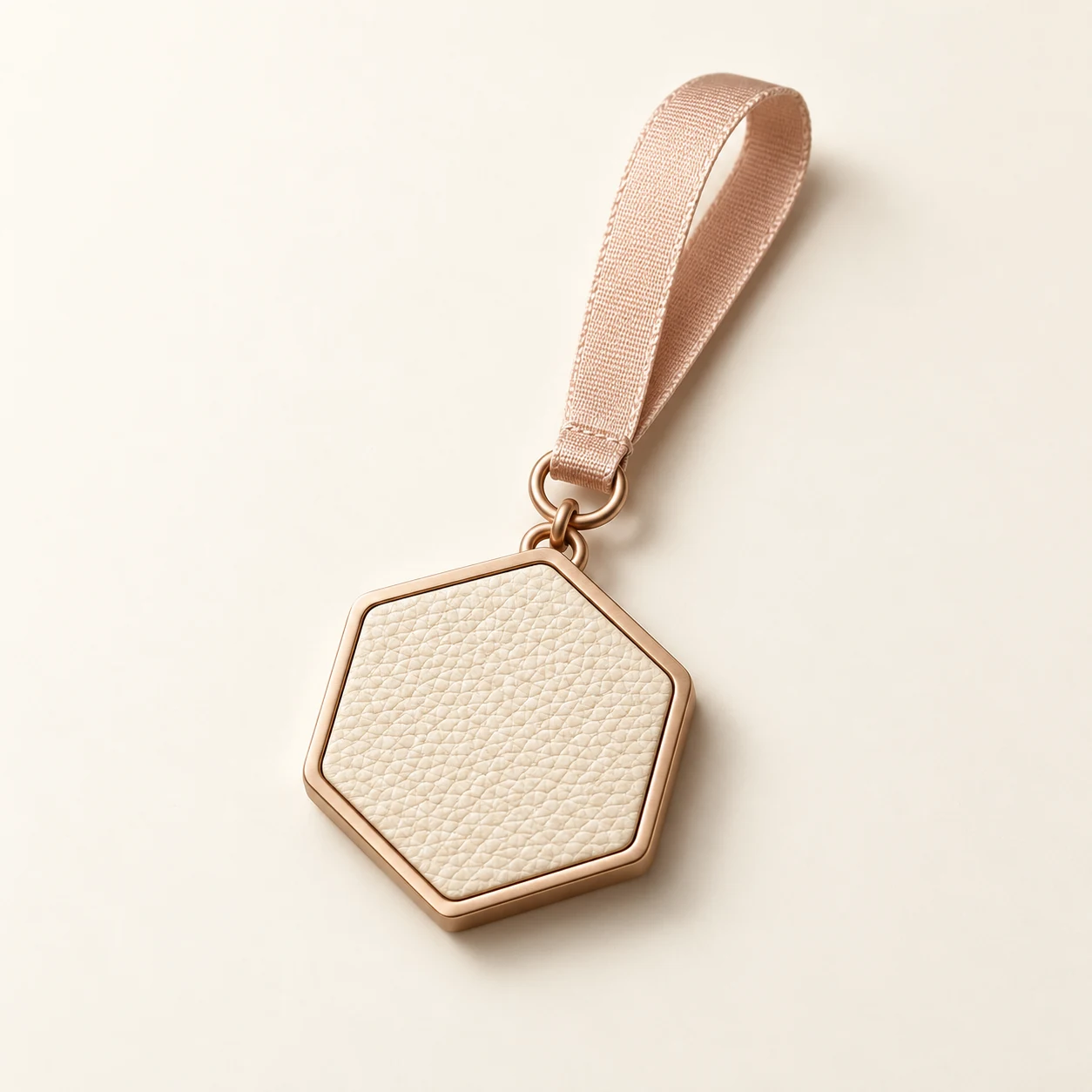 Complete hexagonal car fragrance pendant concept with rose-gold frame and full blush hanging loop