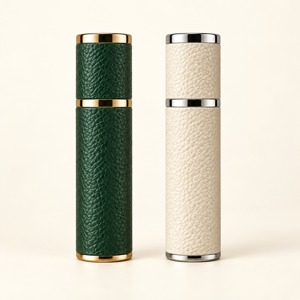 Green and ivory leather-wrapped atomizers with metallic trim
