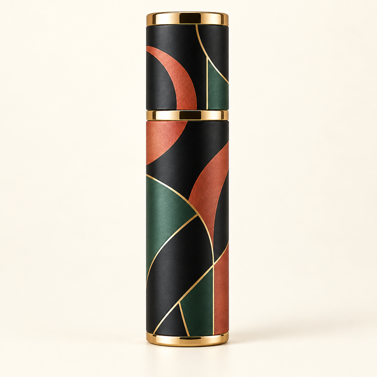 Illustrative graphic decoration on a travel perfume atomizer