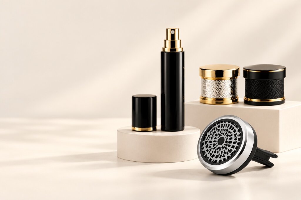 Black perfume atomizer, gold-tone perfume caps and round car fragrance diffuser displayed together