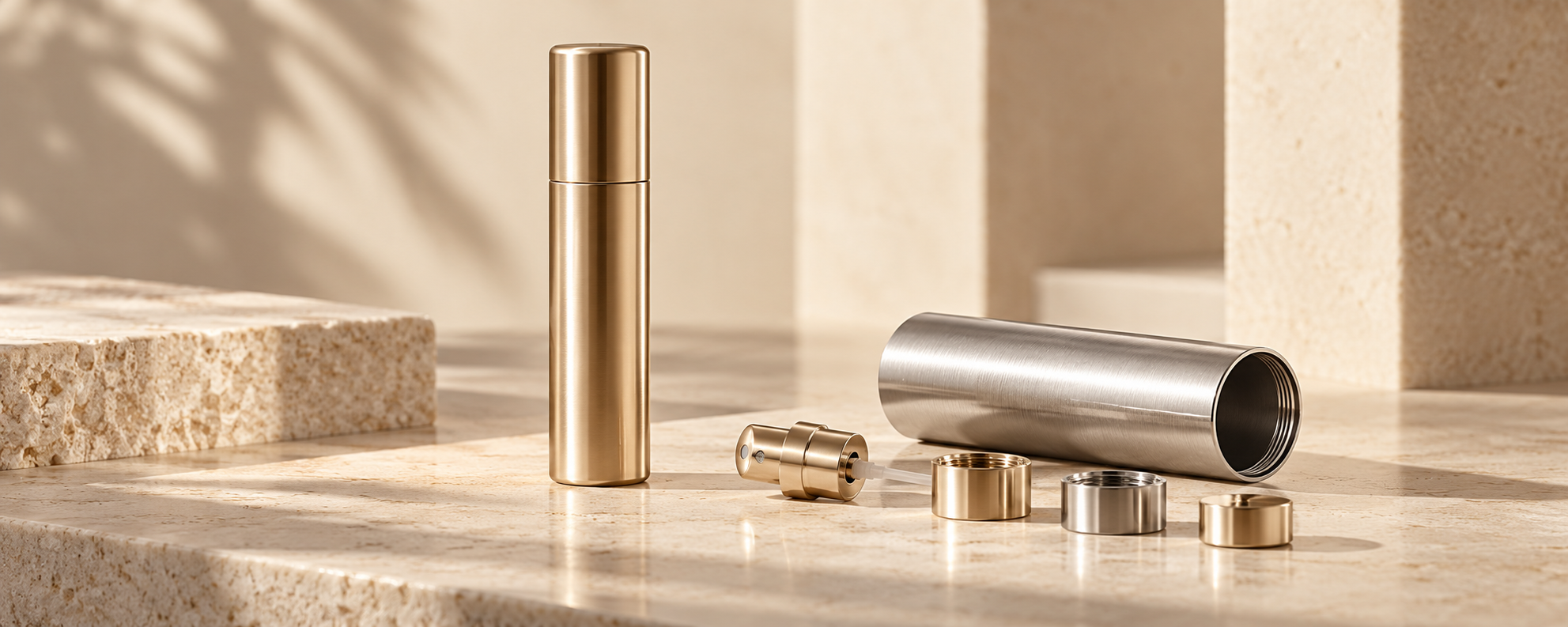 Conceptual studio image of a champagne-gold perfume atomizer and precision metal components