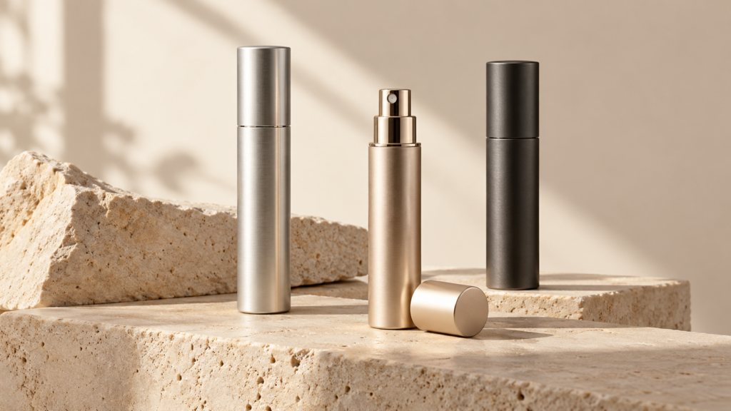 Three conceptual refillable perfume atomizers in silver, champagne and charcoal on warm stone.