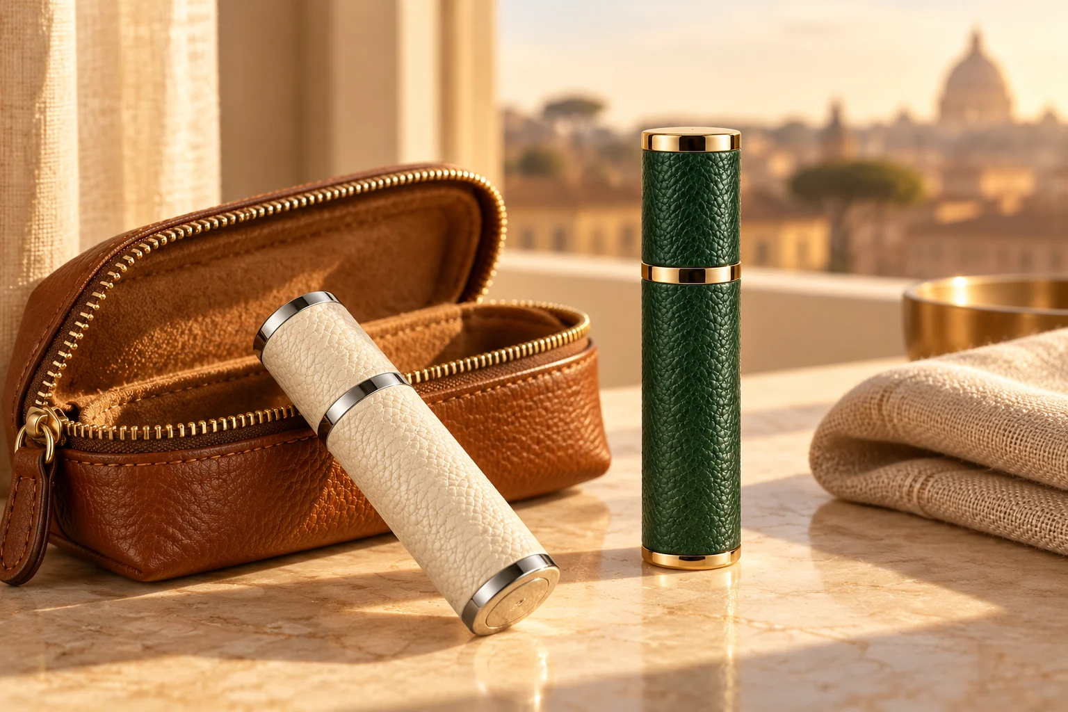 Ivory and green leather-wrapped atomizers in an illustrative travel scene
